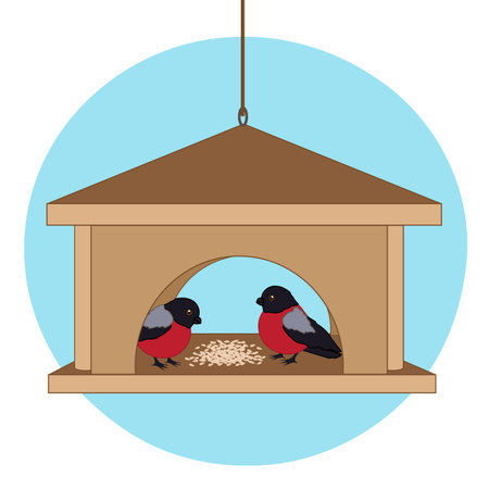 Bullfinches in the bird feeder. Vector illustration.のイラスト素材