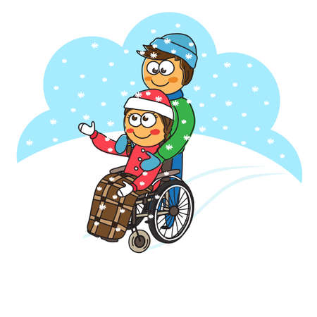 A boy and a girl in a wheelchair on a walk. Vector illustration.のイラスト素材