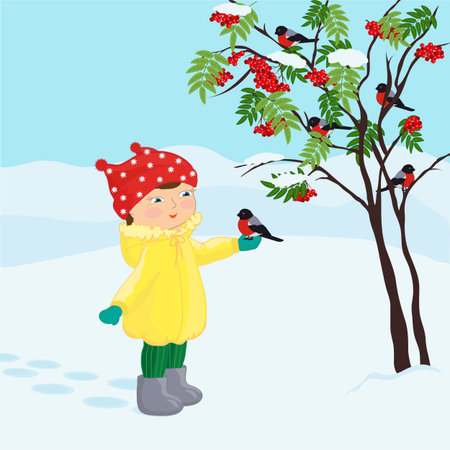 The girl walks next to the mountain ash. Vector illustration.のイラスト素材