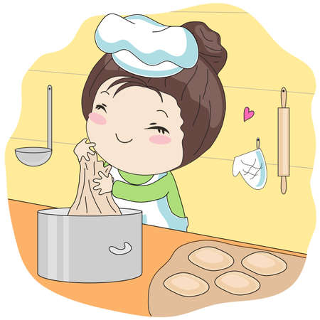 The girl is baking pies. Vector illustration.のイラスト素材