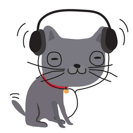 Gray cat in headphones on a white background. Illustration.のイラスト素材
