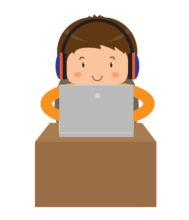 A man in headphones sits at a laptop. Vector illustration.のイラスト素材