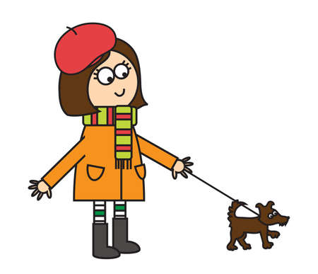 Cute girl walking with a dog. Vector illustration.のイラスト素材
