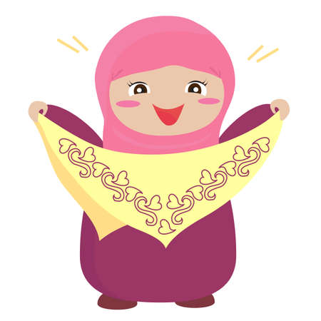 A cute muslim girl is holding a beautiful shawl. Vector illustration.のイラスト素材