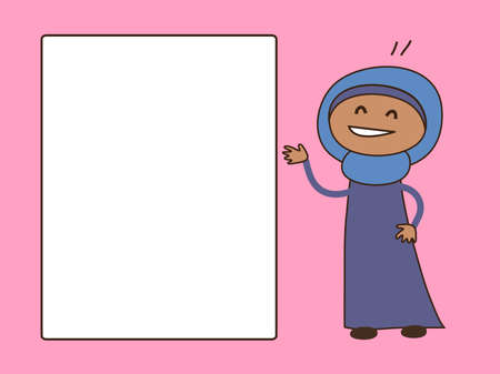 Muslim girl and white sheet of paper. Vector illustration.のイラスト素材