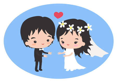 A beautiful couple of newlyweds on a blue background. Vector illustration.のイラスト素材