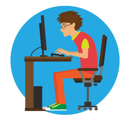 A man sits at the table and types on the keyboard.のイラスト素材