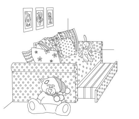 Children's sofa and toys on a white background. Vector illustration.のイラスト素材