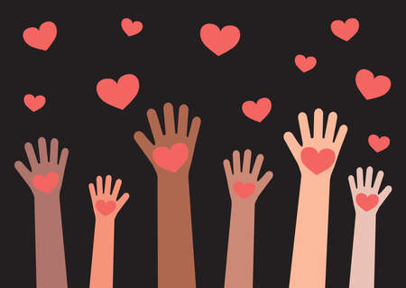 Hands of various people raised on a black background. Hands and hearts. Vector illustration.のイラスト素材