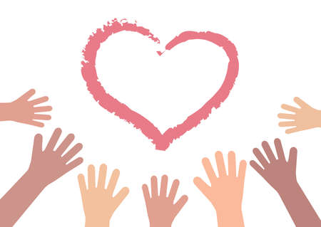 Hands of various people are drawn on white background. Vector illustration.のイラスト素材