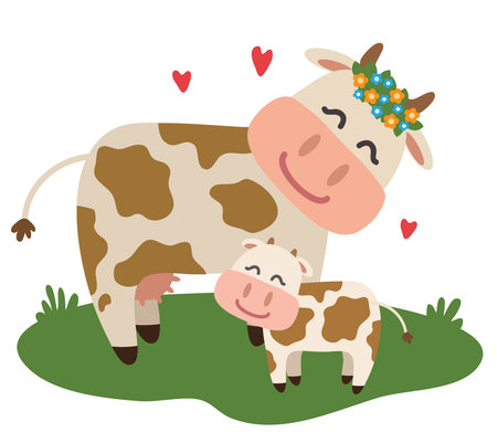 A cow and her calf together on a white background. Vector illustration.のイラスト素材