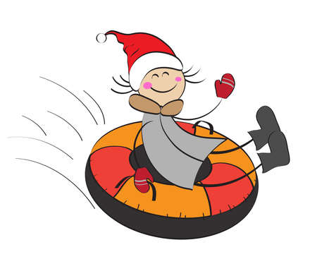 Baby girl slipping on an inflatable sled down. Tubing.Vector illustration.のイラスト素材