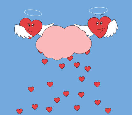 Two hearts hold a cloud from which small hearts come together. Vector illustration.のイラスト素材