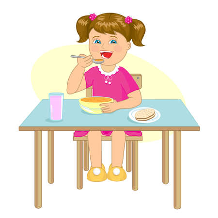Little girl eats soup at a table on a white background. Vector illustration.のイラスト素材