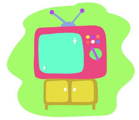 Pink retro tv set on green background. Vector illustration.のイラスト素材