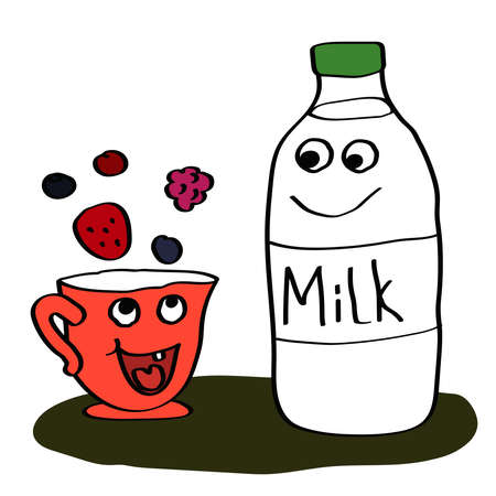 Bottle of milk and a cup with berries on a white background. Healthy breakfast. Vector illustration.のイラスト素材
