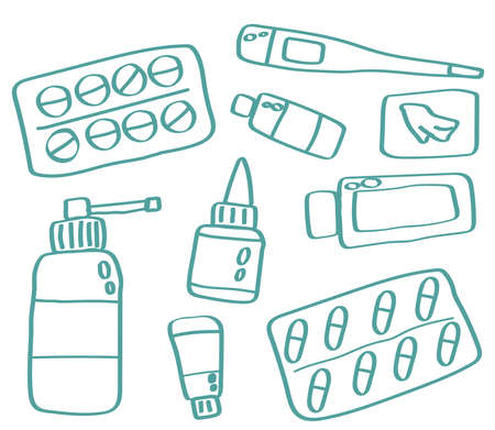 Various medicines on a white background. Silhouette. Vector illustration.のイラスト素材
