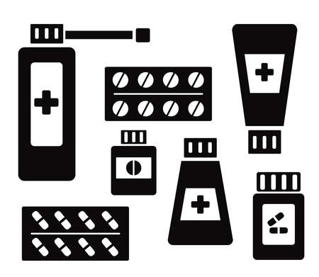 Various medicines on a white background. Icon collection. Vector illustration.のイラスト素材