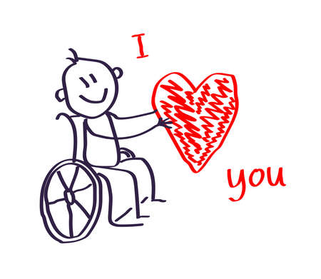 Happy man in a wheelchair holds a big red heart. Vector illustration.のイラスト素材