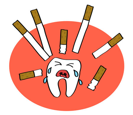 Tooth and cigarettes on a pink background. Vector illustration.のイラスト素材