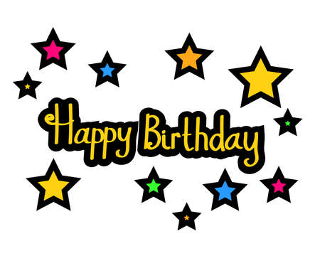Text and various stars on a white background. Birthday Vector illustration.のイラスト素材