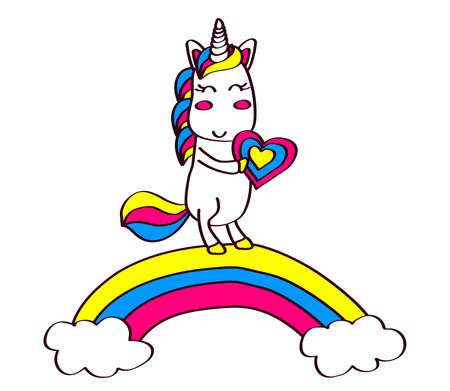 Cute little unicorn on a rainbow on a white background. Vector illustration.のイラスト素材