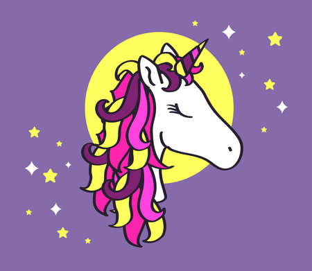 Beautiful unicorn on a background of the moon. Vector illustration.のイラスト素材
