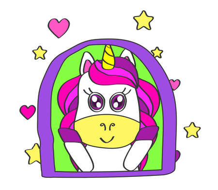 Cute unicorn in the window on a white background. Vector illustration.のイラスト素材