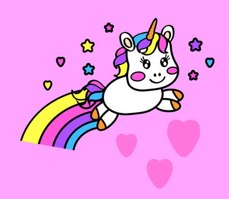 Little cute unicorn flies and leaves a rainbow. Vector illustration.のイラスト素材