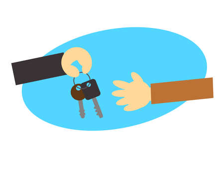Hand and keys. Handover of keys on a blue background. Vector illustration.のイラスト素材