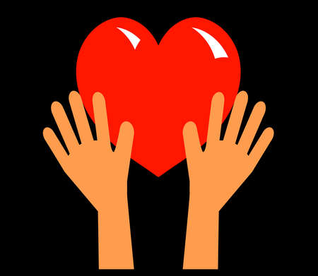 Hands raised up and a big heart on a black background. Vector illustration.のイラスト素材