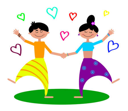 The guy and the girl are doing yoga on a white background. Vector illustration.のイラスト素材