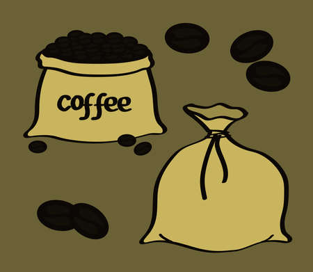 Bag with grains of coffee on a brown background. Vector illustration.のイラスト素材