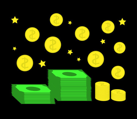 Money and coins on a black background. Vector illustration.
