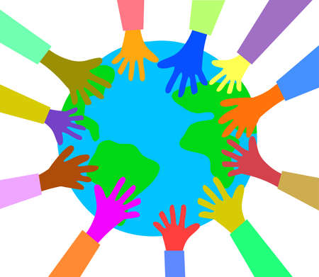 Hands of various people and planet Earth. Vector illustration.のイラスト素材