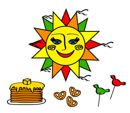 Maslenitsa week. Sun and pancakes on a white background. Vector illustration.のイラスト素材