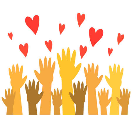 Hands of various people and hearts on a white background. Vector illustration.のイラスト素材