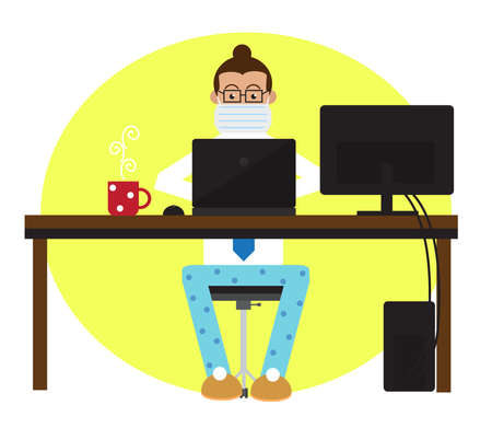 A man in a medical mask works on a computer. Remote work. Vector illustration.のイラスト素材