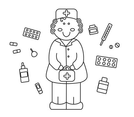 Doctor and medicines on a white background. Vector illustration.のイラスト素材