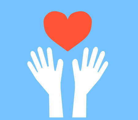 Hands of a man and a big red heart on a blue background. Sign. Vector illustration.のイラスト素材
