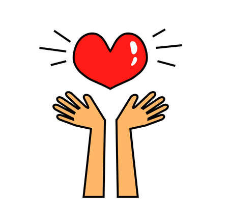 Hands of a man and a red heart. Cartoon. Vector illustration.のイラスト素材