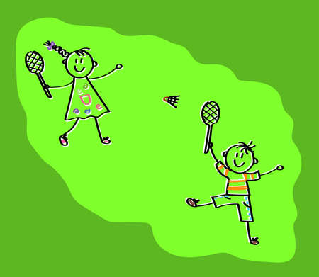 Children play badminton on a green background. Vector illustration.のイラスト素材