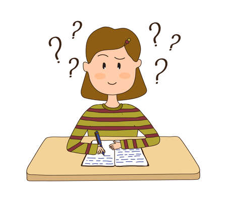 A cute girl sits at a table and solves a problem. Vector drawing.のイラスト素材