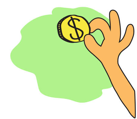 Man's hand holds a coin on a green background. Cartoon. Vector illustration.のイラスト素材