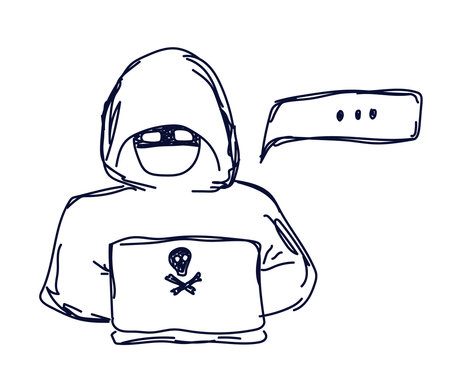 Internet fraudster and laptop on a white background. Sketch. Vector illustration.