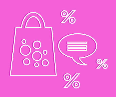 Shopping bag and discounts on a pink background. Cartoon. Vector illustration.のイラスト素材