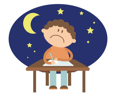 The student sits at the table and solves the problem. Night. Cartoon. Vector illustration.のイラスト素材