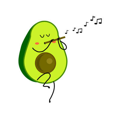 Avocado plays the flute on a white background. Cartoon. Vector illustration.のイラスト素材
