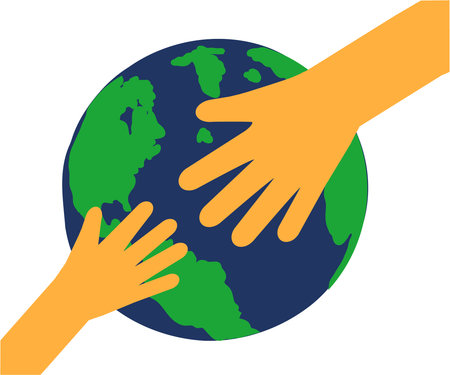 An adult's hand and a child's hand on the background of the planet Earth. Cartoon. Vector...