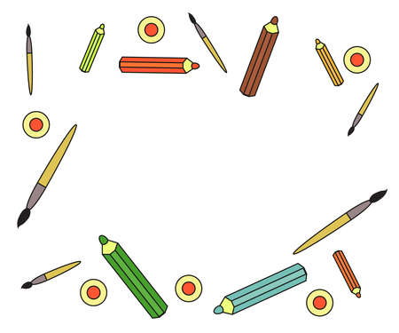 Colored pencils and brushes on a white background. Poster with meth for text. Vector illustration.のイラスト素材